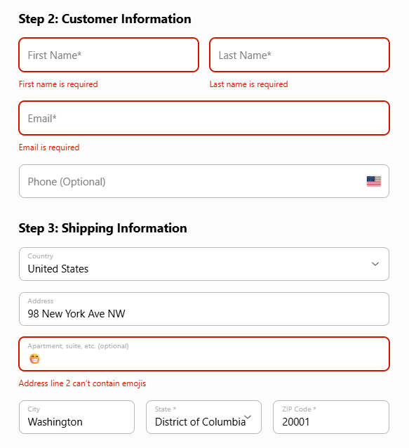Checkout form: name, email and phone in the contact step, then a US shipping address built by the address block with city, state and ZIP on one row, and field errors under the empty names and email and under an address line holding an emoji